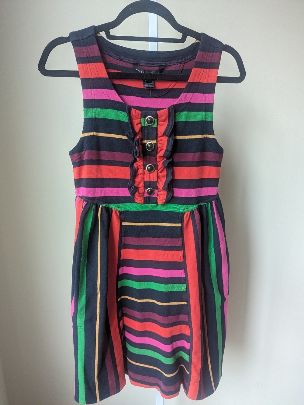Marc Jacobs multi color stripe cotton dress w/ ruffle & gold buttons
